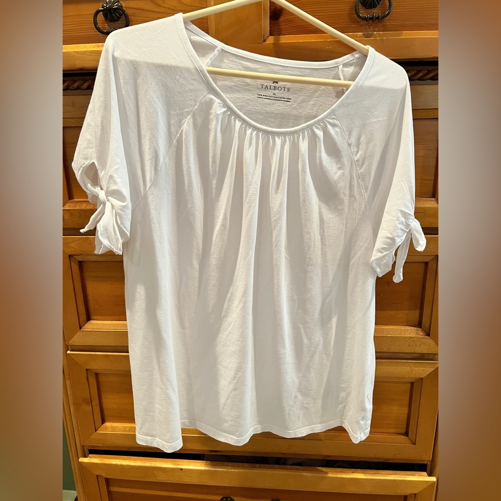 Talbots White Blouse Top with Tie Sleeves Sz XL